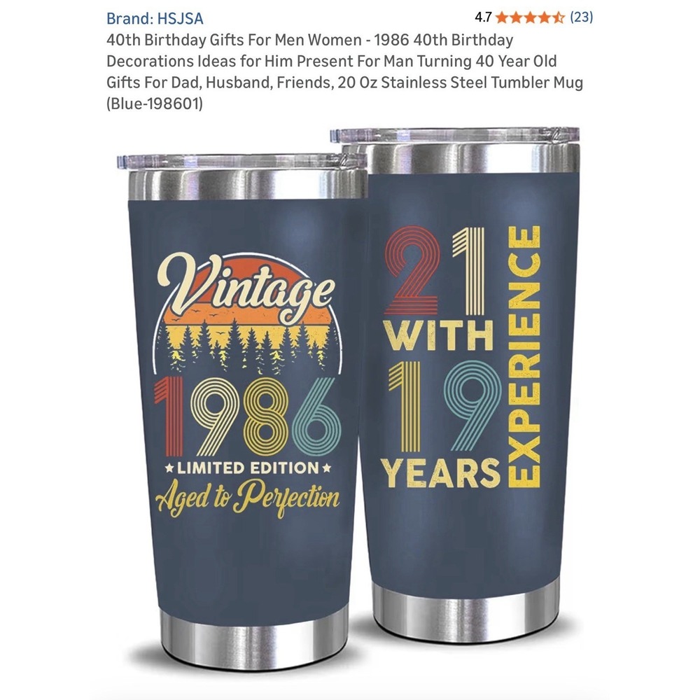 HSJSA Stainless Steel Double-Wall Insulated Tumbler Mug 20oz Blue Vintage 1986